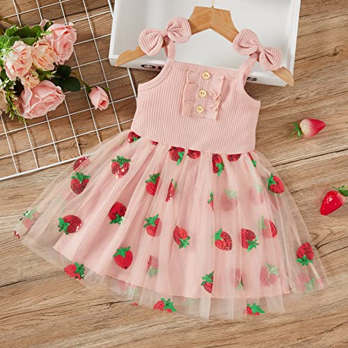 Toddler Baby Girl Dress Sleeveless Strap Knit Dress Daisy Tutu Dresses Princess Sundress (Pink Strawberry, 3-4T)