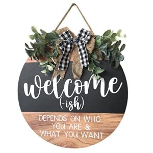 Welcome Sign Front for Door Decoration, 12 in Round Wood Wreaths Wall Hanging Outdoor, Farmhouse, Porch, for Spring Summer Fall All Seasons Holiday Christmas