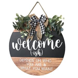 welcome sign front for door decoration, 12 in round wood wreaths wall hanging outdoor, farmhouse, porch, for spring summer fall all seasons holiday christmas