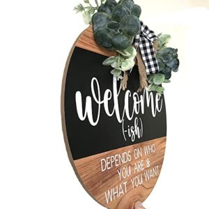 Welcome Sign Front for Door Decoration, 12 in Round Wood Wreaths Wall Hanging Outdoor, Farmhouse, Porch, for Spring Summer Fall All Seasons Holiday Christmas