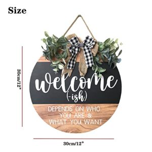 Welcome Sign Front for Door Decoration, 12 in Round Wood Wreaths Wall Hanging Outdoor, Farmhouse, Porch, for Spring Summer Fall All Seasons Holiday Christmas