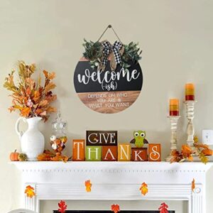 Welcome Sign Front for Door Decoration, 12 in Round Wood Wreaths Wall Hanging Outdoor, Farmhouse, Porch, for Spring Summer Fall All Seasons Holiday Christmas