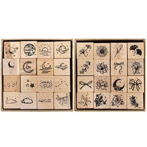 hacaroa 32 pieces wooden rubber stamp set, moon star botanical decorative wood stamps for journal, diary, scrapbook, planner, letter, diy craft, card making