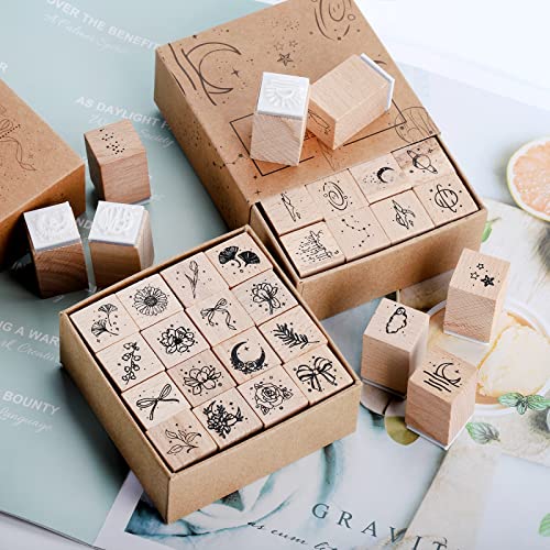 Hacaroa 32 Pieces Wooden Rubber Stamp Set, Moon Star Botanical Decorative Wood Stamps for Journal, Diary, Scrapbook, Planner, Letter, DIY Craft, Card Making