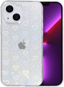 smobea compatible with iphone 13 mini case, for laser glitter bling heart soft & flexible tpu and hard pc back shockproof cover women girls heart pattern phone case (rainbow heart/clear)