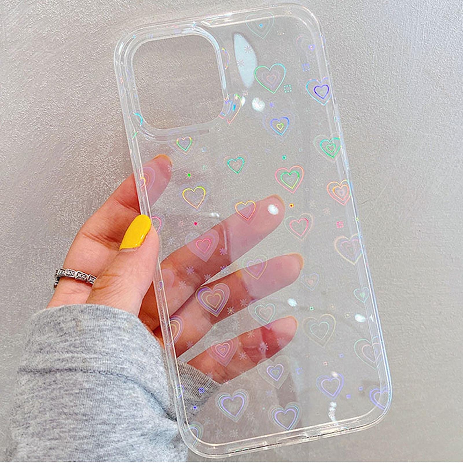 SmoBea Compatible with iPhone 13 Mini Case, for Laser Glitter Bling Heart Soft & Flexible TPU and Hard PC Back Shockproof Cover Women Girls Heart Pattern Phone Case (Rainbow Heart/Clear)