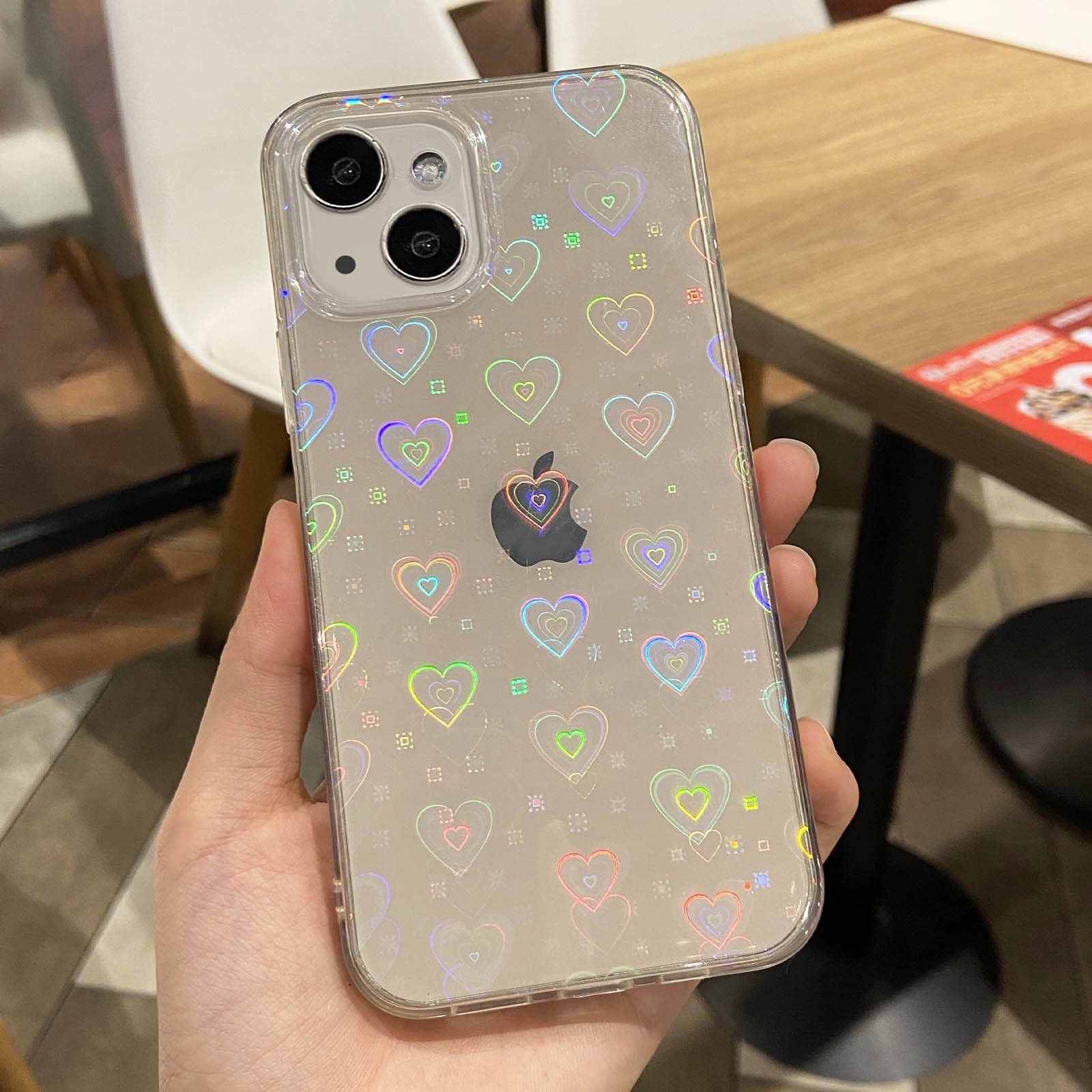 SmoBea Compatible with iPhone 13 Mini Case, for Laser Glitter Bling Heart Soft & Flexible TPU and Hard PC Back Shockproof Cover Women Girls Heart Pattern Phone Case (Rainbow Heart/Clear)