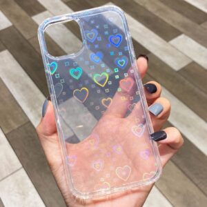 SmoBea Compatible with iPhone 13 Mini Case, for Laser Glitter Bling Heart Soft & Flexible TPU and Hard PC Back Shockproof Cover Women Girls Heart Pattern Phone Case (Rainbow Heart/Clear)