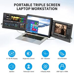 P2 Triple Portable Monitor for Laptop Screen Extender Dual 12 Inch FHD 1080P IPS Display USB-A/Type-C/HDMI/Speakers for 13-16 Inch Notebook Computer Mac Windows Phone