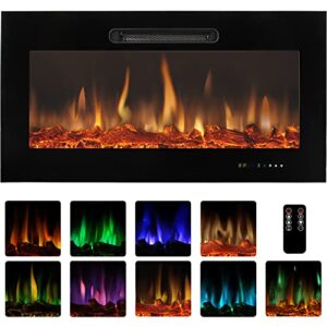 circrane 36" recessed mounted electric fireplace, 750-1500w insert electric heater with adjustable flame color, touch control panel & remote control, log/crystal options