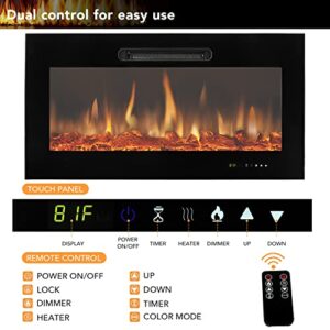 Circrane 36" Recessed Mounted Electric Fireplace, 750-1500W Insert Electric Heater with Adjustable Flame Color, Touch Control Panel & Remote Control, Log/Crystal Options