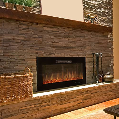 Circrane 36" Recessed Mounted Electric Fireplace, 750-1500W Insert Electric Heater with Adjustable Flame Color, Touch Control Panel & Remote Control, Log/Crystal Options