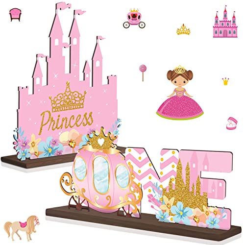 2 Pieces Princess Glitter One Letter Sign Wooden Centerpiece 1st Birthday Girl Decoration Princess Crown Centerpieces for Tables Baby Girl's Baby Shower Decor Supplies Photo Prop