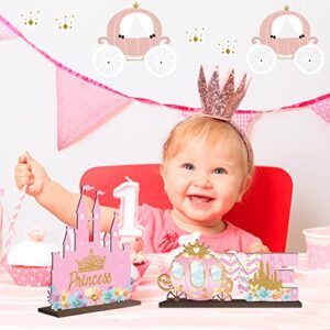 2 Pieces Princess Glitter One Letter Sign Wooden Centerpiece 1st Birthday Girl Decoration Princess Crown Centerpieces for Tables Baby Girl's Baby Shower Decor Supplies Photo Prop