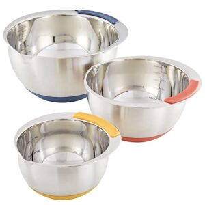 ayesha curry kitchenware pantryware stainless steel nesting mixing bowls set, 3 piece, silver with color accent handles
