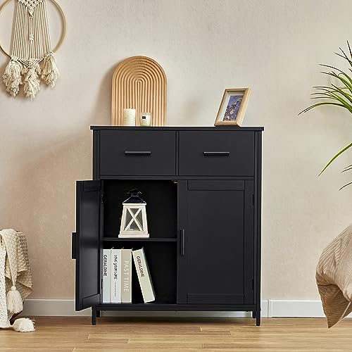 usikey Storage Cabinet, Industrial Floor Cabinet with 2 Drawers & Doors, Freestanding Storage Cabinet with 1 Shlef & Metal Frame, Sideboard, Accent Cupboard for Living Room, Bedroom, Kitchen, Black