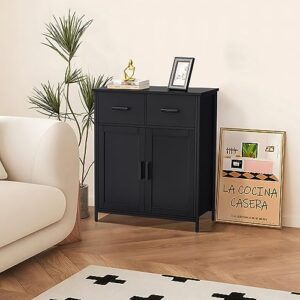 usikey Storage Cabinet, Industrial Floor Cabinet with 2 Drawers & Doors, Freestanding Storage Cabinet with 1 Shlef & Metal Frame, Sideboard, Accent Cupboard for Living Room, Bedroom, Kitchen, Black
