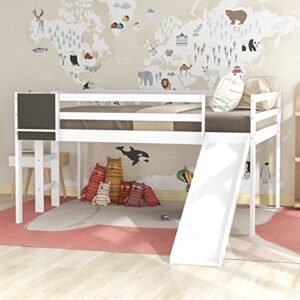 harper & bright designs full loft bed with slide, wood low loft bed with chalkboard, ladder, guardrail, kids loft bed frame for boys & girls (full, white)