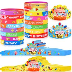 30 packs birthday crowns party hats colorful birthday hats and 32 pcs happy birthday rubber bracelets colored silicone stretch wristbands for kids family birthday classroom school vbs party supplies