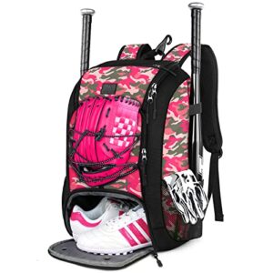 MATEIN Girls Softball Bag, Baseball Bag with Cleats Pocket for Girls, Boys, Adult, Large Baseball Backpack for Men with Fence Hook- Hold 2 Bats, Batting Mitten, Helmet, Caps, Teeball Gear, Pink Camo