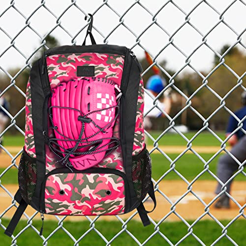 MATEIN Girls Softball Bag, Baseball Bag with Cleats Pocket for Girls, Boys, Adult, Large Baseball Backpack for Men with Fence Hook- Hold 2 Bats, Batting Mitten, Helmet, Caps, Teeball Gear, Pink Camo