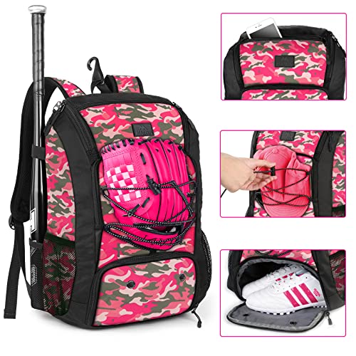 MATEIN Girls Softball Bag, Baseball Bag with Cleats Pocket for Girls, Boys, Adult, Large Baseball Backpack for Men with Fence Hook- Hold 2 Bats, Batting Mitten, Helmet, Caps, Teeball Gear, Pink Camo