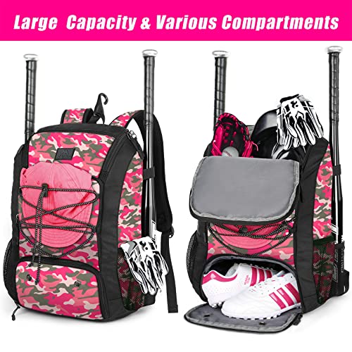 MATEIN Girls Softball Bag, Baseball Bag with Cleats Pocket for Girls, Boys, Adult, Large Baseball Backpack for Men with Fence Hook- Hold 2 Bats, Batting Mitten, Helmet, Caps, Teeball Gear, Pink Camo