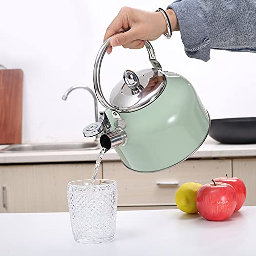 Fast Boiling Whistling Teapot for Stove top, Ultralight Tea Kettle Stainless Steel 3L Water Kettles with Heat Resistant Ergonomic Handle for Outdoor / Home Kitchen, Green, (FL1002)