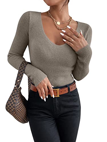 SheIn Women's V Neck Ribbed Knit Pullover Jumper Sweater Long Sleeve Slim Fit Tops Mocha Brown M