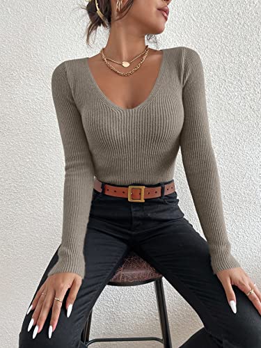 SheIn Women's V Neck Ribbed Knit Pullover Jumper Sweater Long Sleeve Slim Fit Tops Mocha Brown M