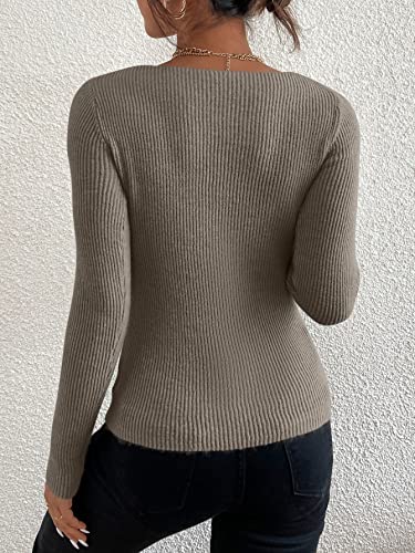 SheIn Women's V Neck Ribbed Knit Pullover Jumper Sweater Long Sleeve Slim Fit Tops Mocha Brown M