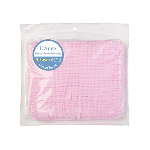 L'Ange Baby-Bath Towel-9 Layer, 28 x 47 Inches, Pink, Cotton Muslin Nap Time Blanket for Toddlers, Kids & Home, Soft, Ultra Absorbent, Suitable for Delicate Skin, Medical Grade Packaging