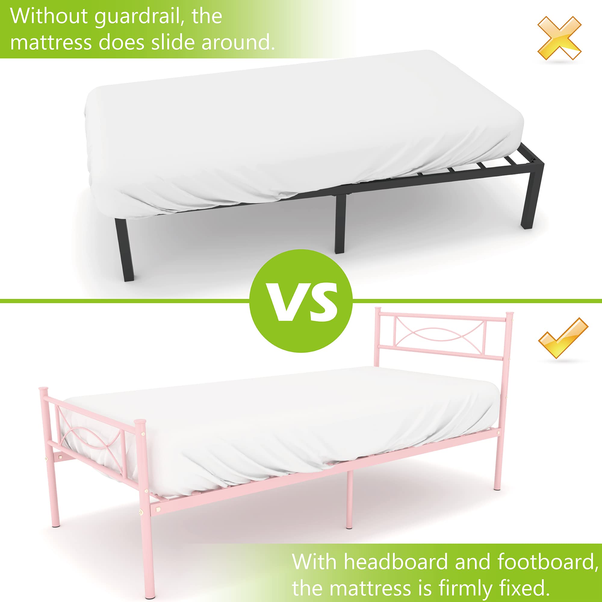 Pink Twin Bed Frame for Girls,Mattress Foundation Support with Headboard and Footboard No Box Spring Need Metal Platform Bed