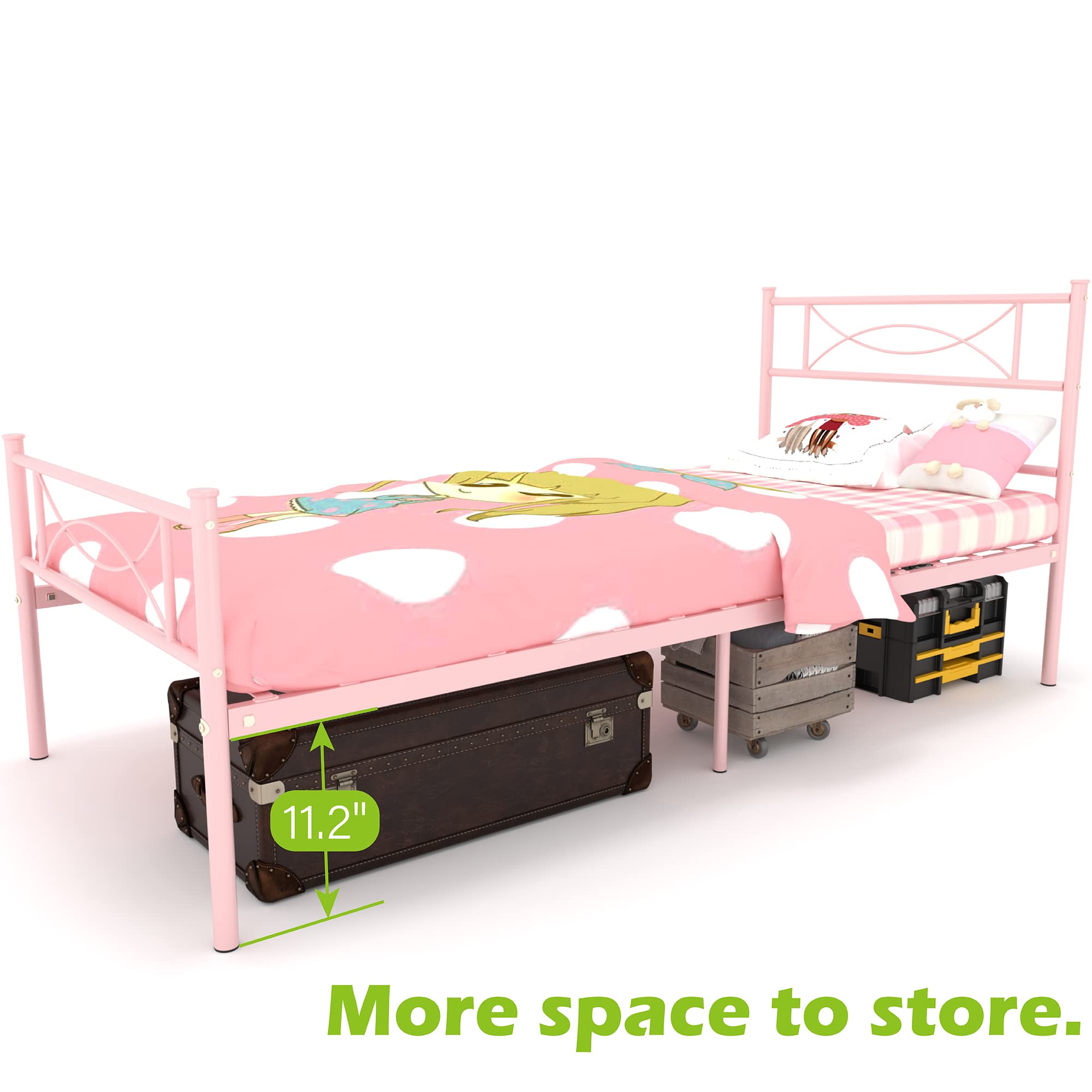 Pink Twin Bed Frame for Girls,Mattress Foundation Support with Headboard and Footboard No Box Spring Need Metal Platform Bed