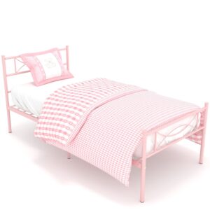 Pink Twin Bed Frame for Girls,Mattress Foundation Support with Headboard and Footboard No Box Spring Need Metal Platform Bed