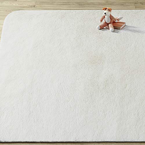 Asvin 5x7 Area Rug, Fluffy Living Room Area Rug, Luxury Large Area Rug, Non-Skid Fleece Carpets for Bedroom Home Décor, Soft Plush Furry Rug for Kids Room, Washable Floor Rug (5x7 Feet, White)