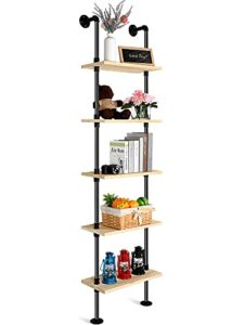 5 tier modern bookcase wall mount ladder bookshelf include wood planks industrial pipe shelf book display rack metal pipes and wood shelves stand black corner frame bookcase (natural wood board)