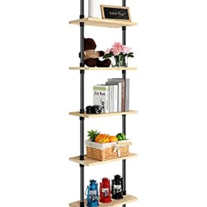 5 Tier Modern Bookcase Wall Mount Ladder Bookshelf Include Wood Planks Industrial Pipe Shelf Book Display Rack Metal Pipes and Wood Shelves Stand Black Corner Frame Bookcase (Natural Wood Board)