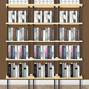 5 Tier Modern Bookcase Wall Mount Ladder Bookshelf Include Wood Planks Industrial Pipe Shelf Book Display Rack Metal Pipes and Wood Shelves Stand Black Corner Frame Bookcase (Natural Wood Board)