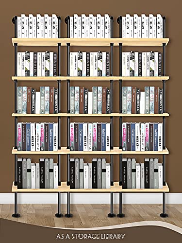 5 Tier Modern Bookcase Wall Mount Ladder Bookshelf Include Wood Planks Industrial Pipe Shelf Book Display Rack Metal Pipes and Wood Shelves Stand Black Corner Frame Bookcase (Natural Wood Board)