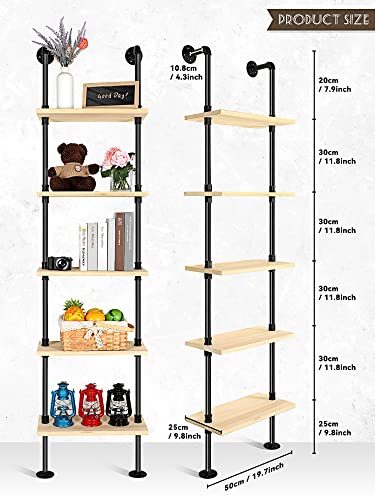 5 Tier Modern Bookcase Wall Mount Ladder Bookshelf Include Wood Planks Industrial Pipe Shelf Book Display Rack Metal Pipes and Wood Shelves Stand Black Corner Frame Bookcase (Natural Wood Board)