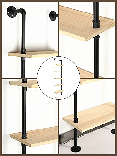 5 Tier Modern Bookcase Wall Mount Ladder Bookshelf Include Wood Planks Industrial Pipe Shelf Book Display Rack Metal Pipes and Wood Shelves Stand Black Corner Frame Bookcase (Natural Wood Board)