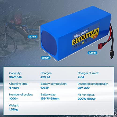 Airuxuan 36V 36V Battery 36V Ebike Battery 8Ah Electric Bike Battery 36V Lithium Battery with 2A Charger, T-Plug, XT60 Connector and BMS for 250-750W Electric Bicycles Motor