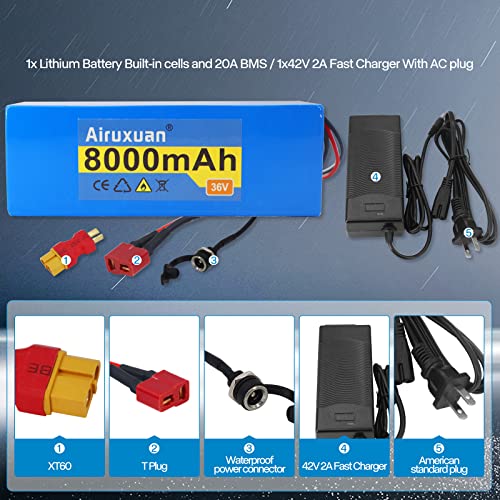 Airuxuan 36V 36V Battery 36V Ebike Battery 8Ah Electric Bike Battery 36V Lithium Battery with 2A Charger, T-Plug, XT60 Connector and BMS for 250-750W Electric Bicycles Motor