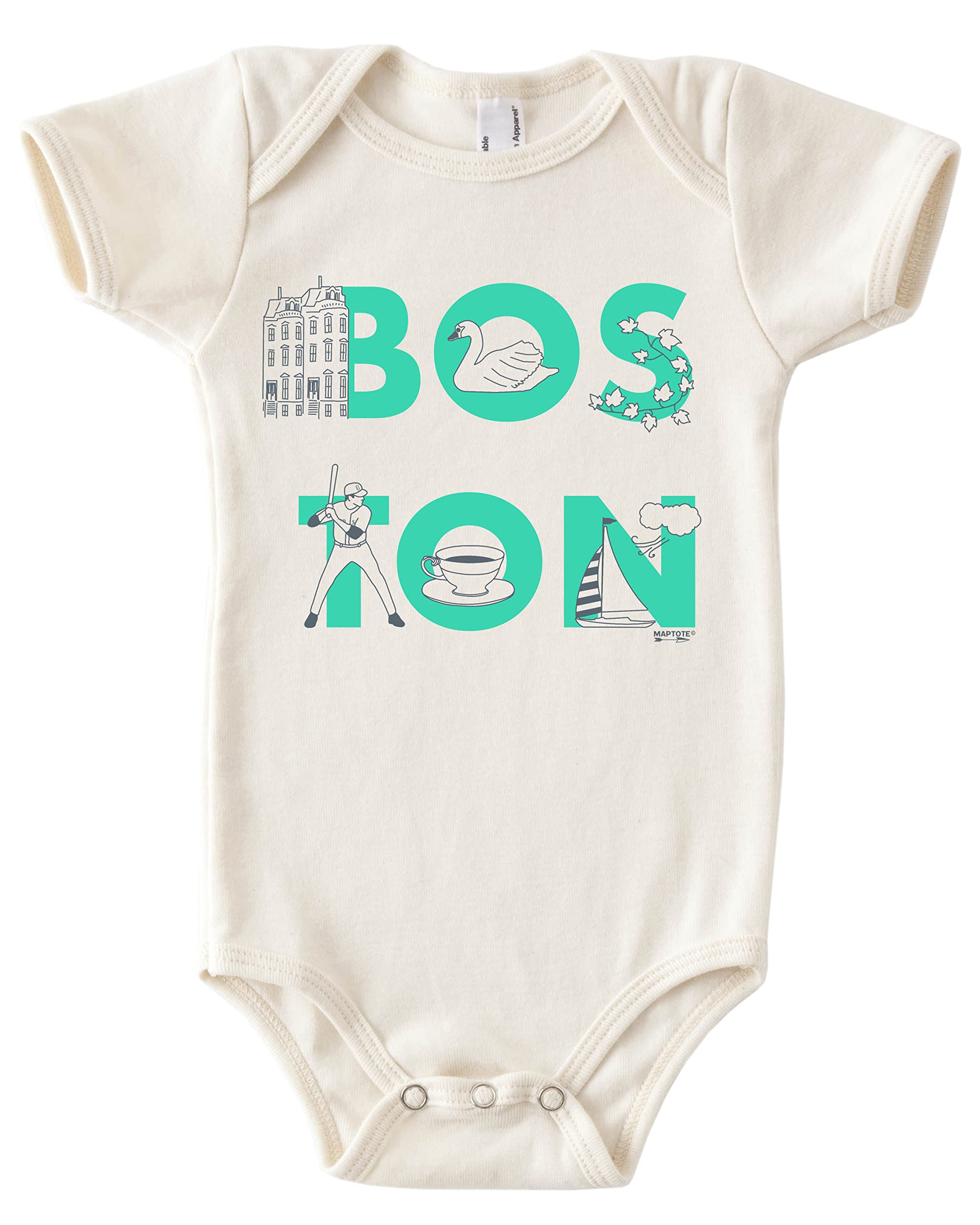 MAPTOTE Font One Piece - Unisex Baby Organic Cotton Short Sleeve Bodysuits - Boston, 3-6 Months