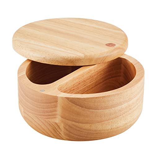 Ayesha Curry Kitchenware Pantryware Parawood Round Wooden Salt and Spice Box with Two Compartments, 17 Ounce, Brown