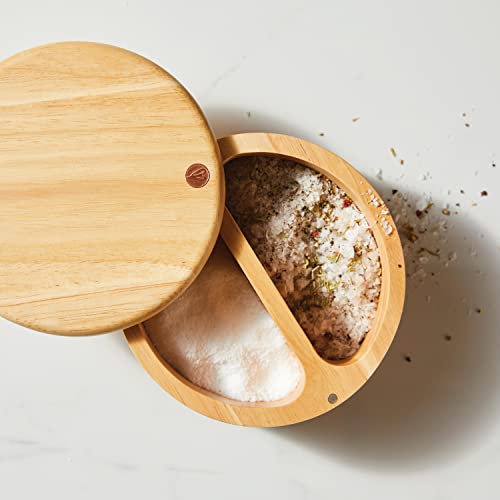 Ayesha Curry Kitchenware Pantryware Parawood Round Wooden Salt and Spice Box with Two Compartments, 17 Ounce, Brown