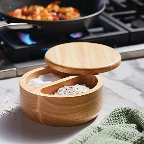 Ayesha Curry Kitchenware Pantryware Parawood Round Wooden Salt and Spice Box with Two Compartments, 17 Ounce, Brown