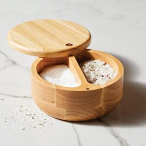 Ayesha Curry Kitchenware Pantryware Parawood Round Wooden Salt and Spice Box with Two Compartments, 17 Ounce, Brown