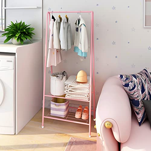 Jecpuo Clothes Rack with Shelves Heavy Duty Metal Garment Rack for bedroom clothing rack (Pink)
